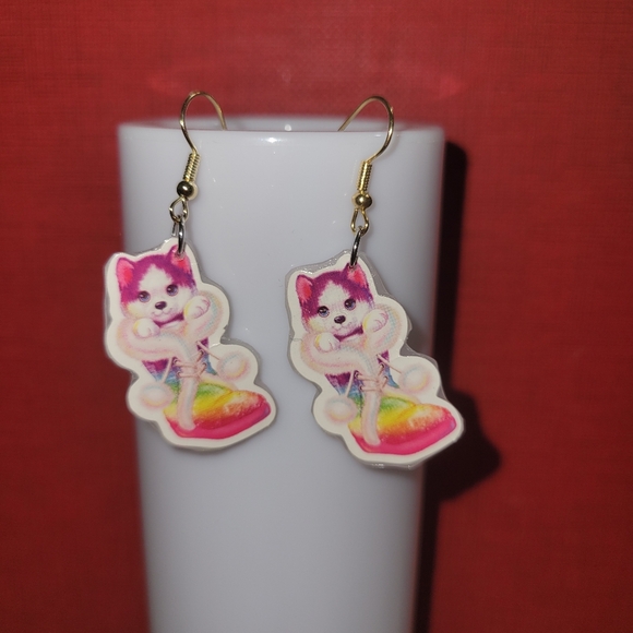 Lisa Frank Inspired Handmade Dangle Earrings  Upcycled Plastic with Cute Puppies - Picture 2 of 7